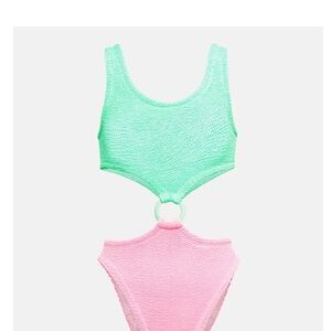 Hunza G Two-Tone Green and Pink One Piece Swimsuit